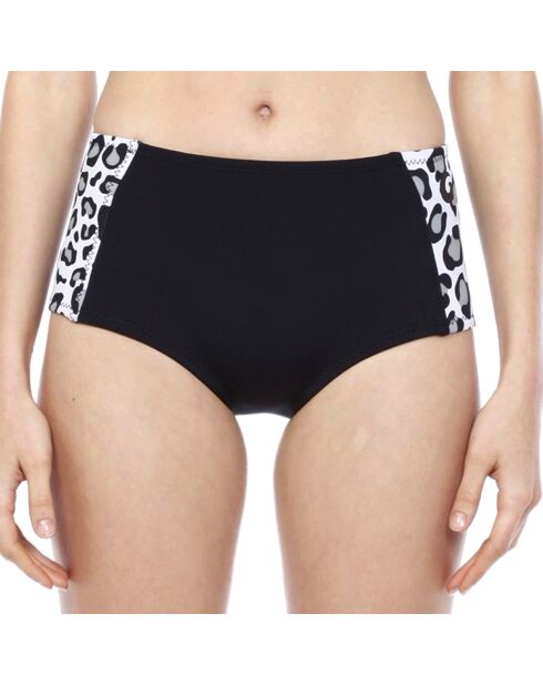 Zwart/wit kort bikinibroekje van neopreen met luipaardprint en middelhoge taille