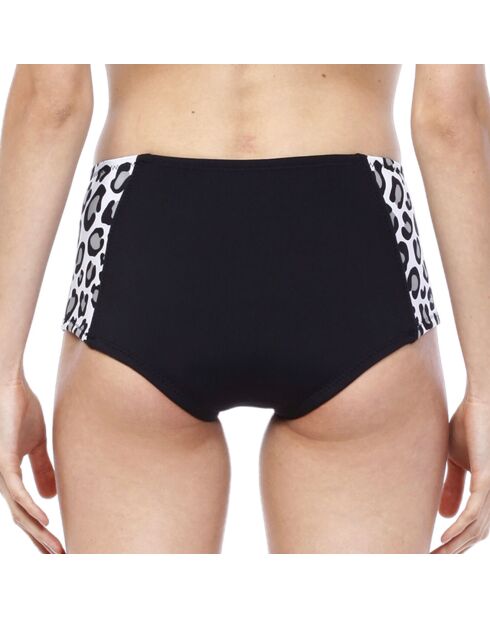 Zwart/wit kort bikinibroekje van neopreen met luipaardprint en middelhoge taille