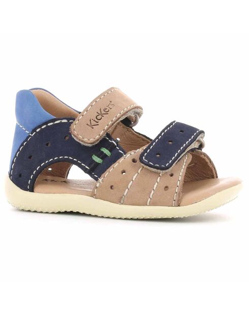 Beige/marineblauw/blauwe fluwelen sandalen van boping van leer