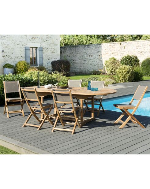 Ensemble 1 table ovale extensible + 6 chaises Fun teck - 180/240x100x75 cm