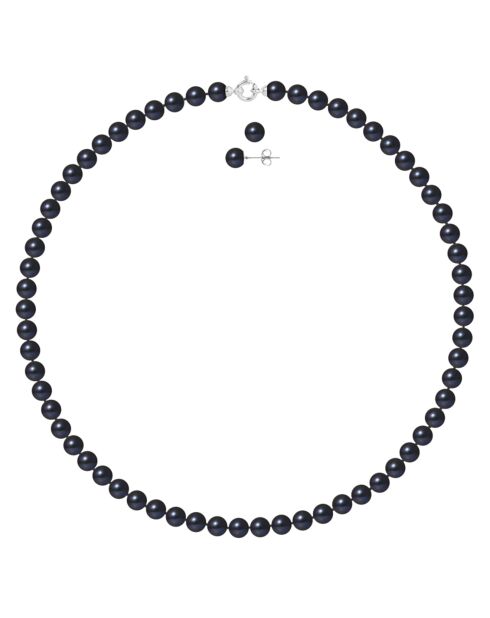 Parure Collier + Boucles d'Oreilles Or Blanc Perles d'Eau Douce noires