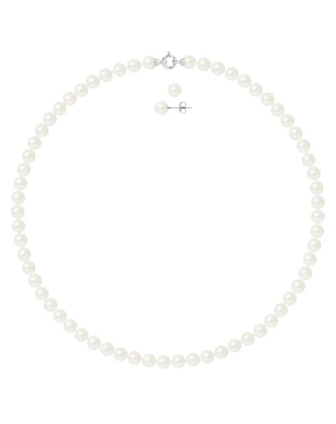 Ashley Set aus Halskette und Ohrringen, Weißgold, natürliche weiße Süßwasserperlen