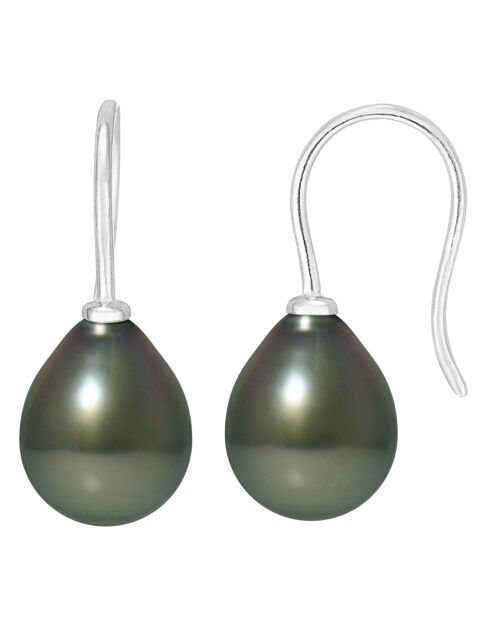 Pendientes Yvonne Silver con perlas tahitianas, color negro, Tahití