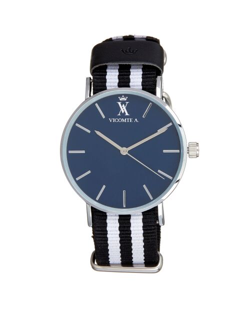 Montre Mixte en Nylon noir/blanc + bracelet en Acier argenté