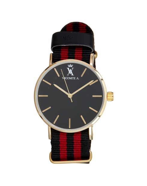 Montre Mixte en Nylon noir/bordeaux + bracelet en Acier doré