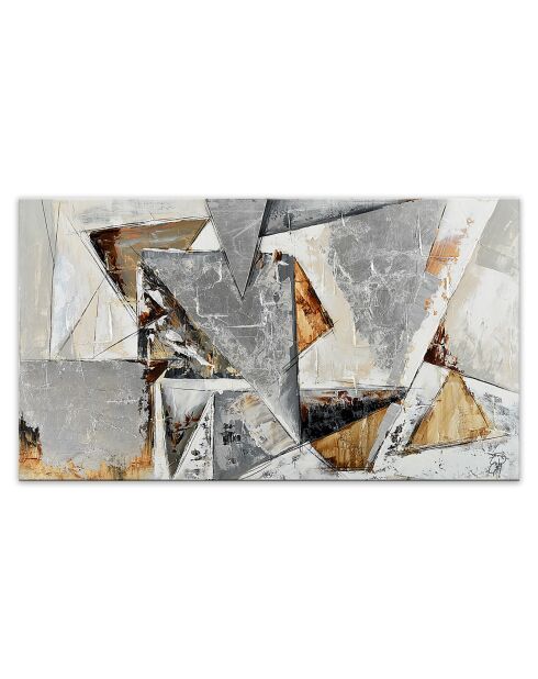 Tableau abstrait peint à la main Triangles gris/blanc/écru - 80x140 cm