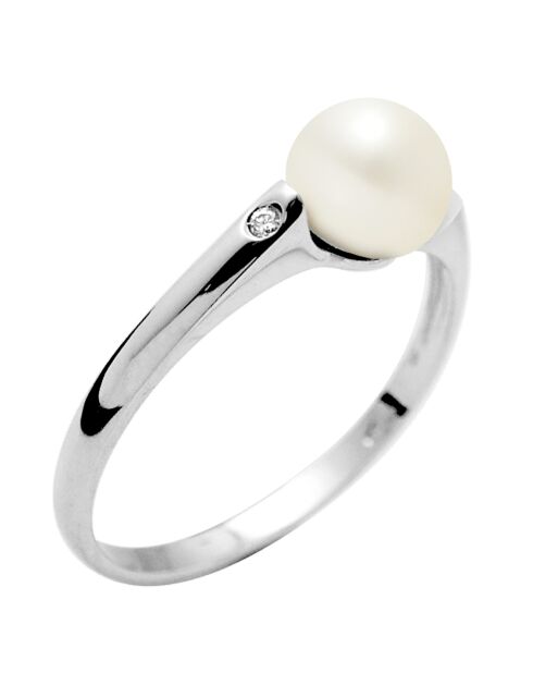 Anello con diamante solitario in oro bianco e perla d'acqua dolce bianca naturale