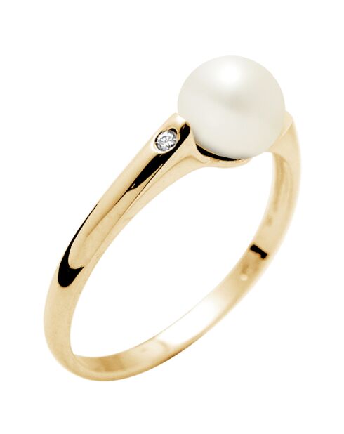 Bague Solitaire Diamants Or Jaune Perle d'Eau Douce blanc naturel