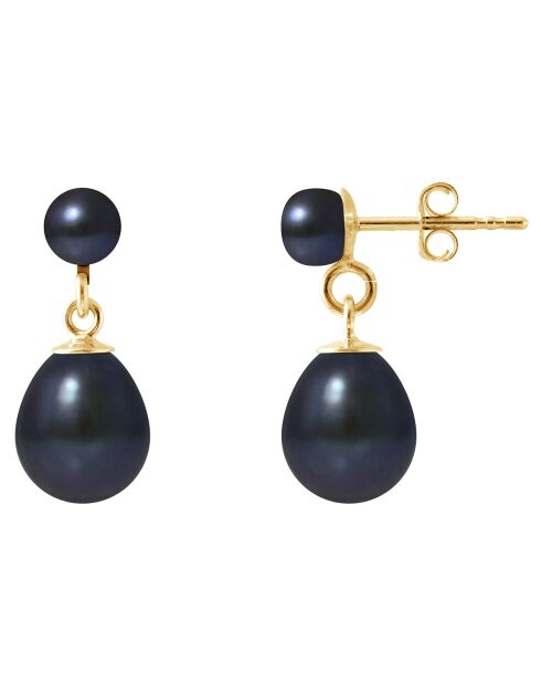 Geelgouden zwarte zoetwaterparel dubbele oorbellen