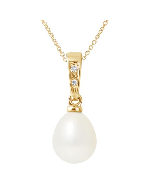 Geelgouden hanger met bail diamant, zoetwaterparel, witte peer