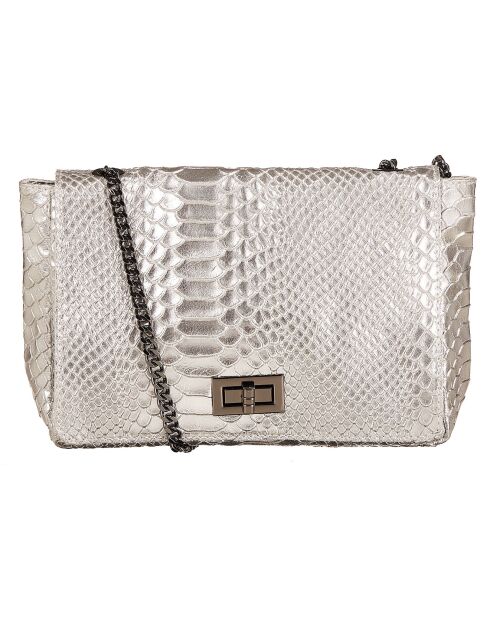 Zilverkleurige leren schoudertas van gordeldier - 21x15x6 cm