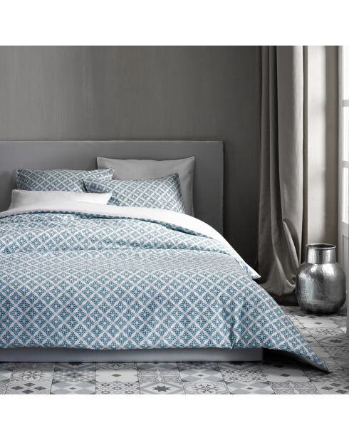 Parure housse de couette 100% Satin de Coton Azulejos bleu/blanc