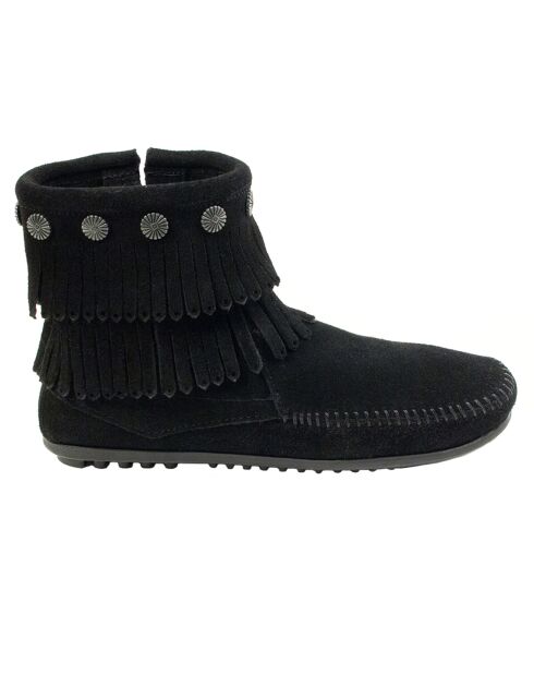 Boots en Velours de Cuir Double Fringe Side Zip noires