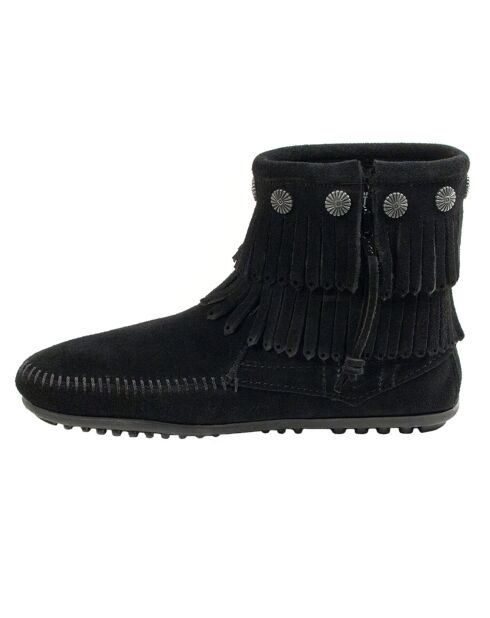 Boots en Velours de Cuir Double Fringe Side Zip noires