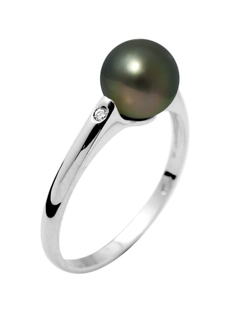 Bague Solitaire Or blanc Diamants Perle de Culture de Tahiti blanc naturel