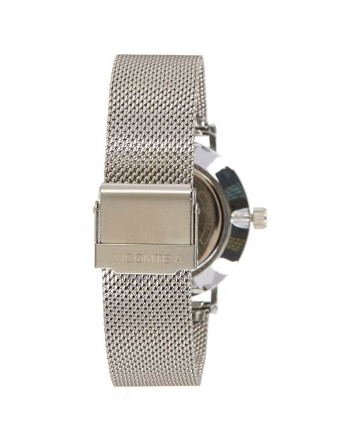 Montre Mixte en Métal argentée + bracelet en Nylon noir/gris/orange