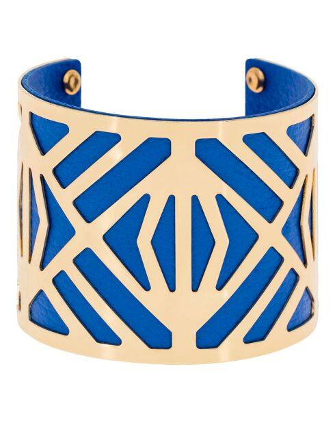Manchette simili cuir en Laiton doré/bleu
