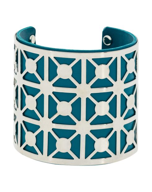 Manchette simili cuir en Laiton argenté/bleu
