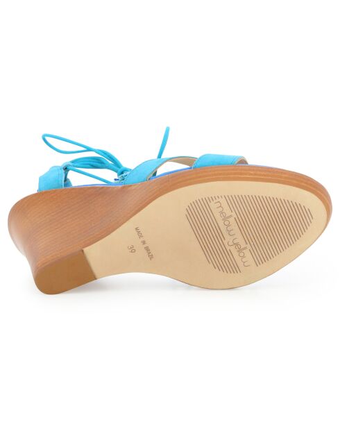 Sandali con zeppa in pelle di velluto con lacci turchesi alla caviglia - Tacco 11 cm