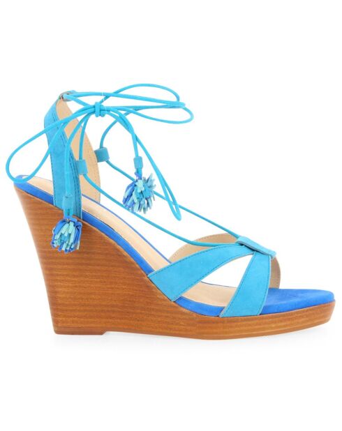 Sandales en Velours de Cuir compensées Lacts Cheville turquoise - Talon 11 cm