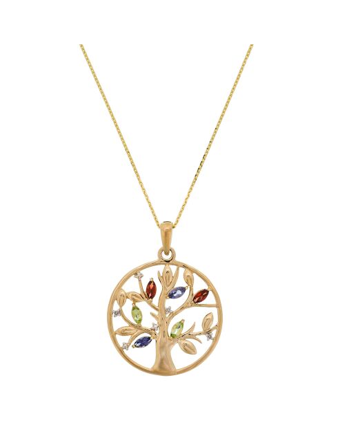 Pendentif Arbre de vie Diamants 0.02 ct Grenats 0.20 ct Iolites 0.14 ct & Péridots 0.18 ct or jaune