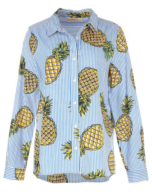 Chemise Gourmandise rayée & motifs ananas bleu pétrole