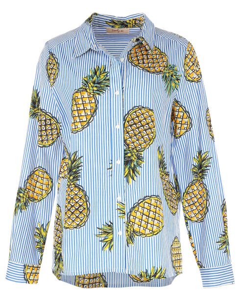 Chemise Gourmandise rayée & motifs ananas bleu pétrole