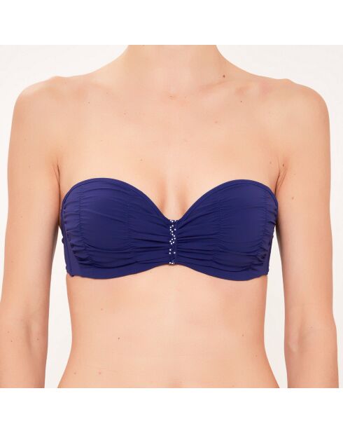 Top bikini a fascia blu drappeggiato in conchiglia