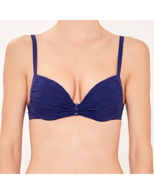 Top de bikini azul drapeado con forma de cesta