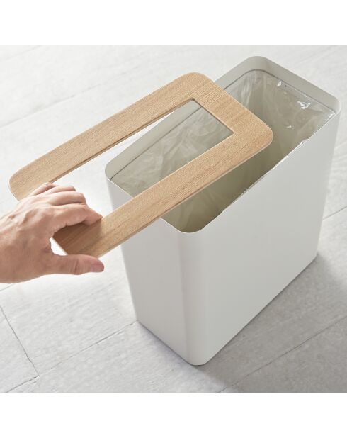 Poubelle carrée blanc/bois - 15x28x30 cm