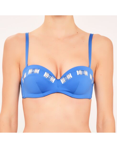 Blaues Badeanzugoberteil mit Muschelstirnband