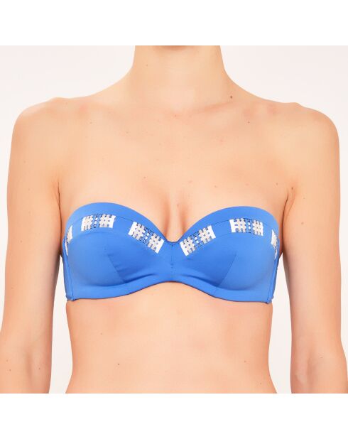 Blaues Badeanzugoberteil mit Muschelstirnband