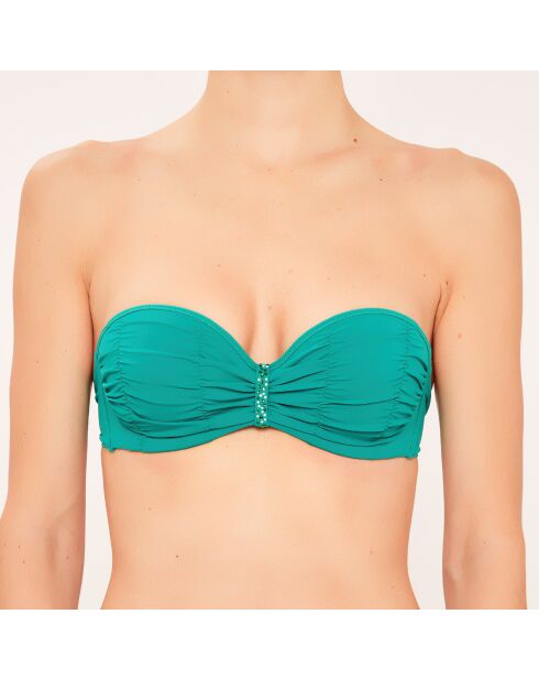 Top de bikini tipo bandeau de concha drapeada verde