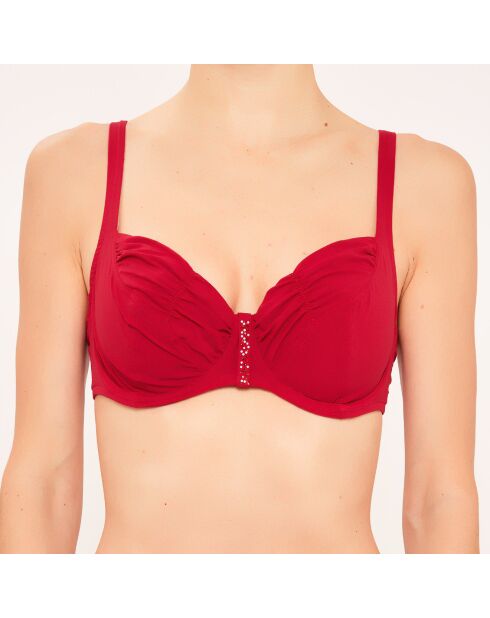 Morbido costume da bagno con cornice drappeggiata, coppe da D a G, rosso