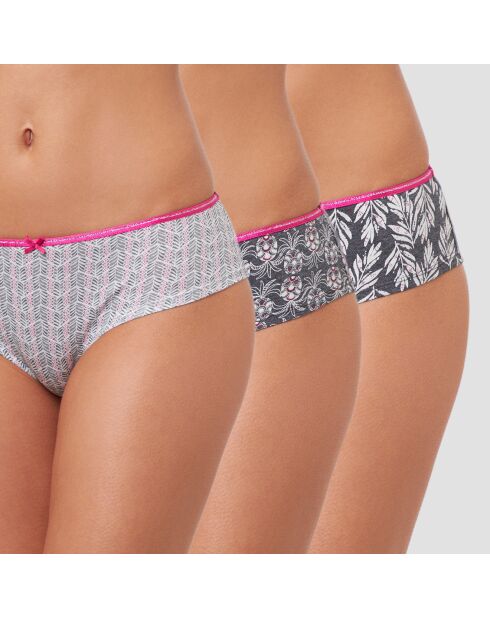 3 pantalones cortos indie estampados en gris y rosa