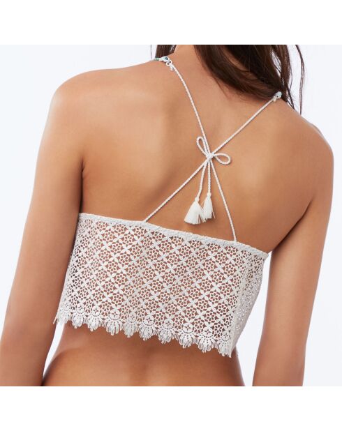 Weißes/mehrfarbiges Triangel-Badeanzugoberteil Lys mit Aufdruck und Spitze