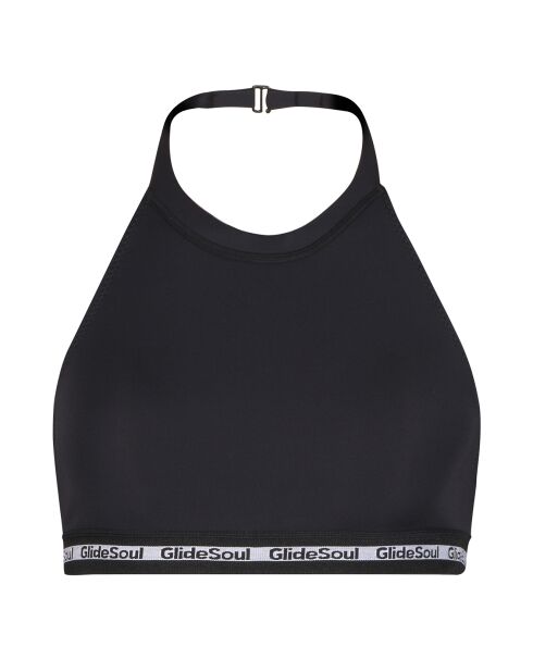 Top bikini nero con reggiseno in neoprene con scollo all'americana