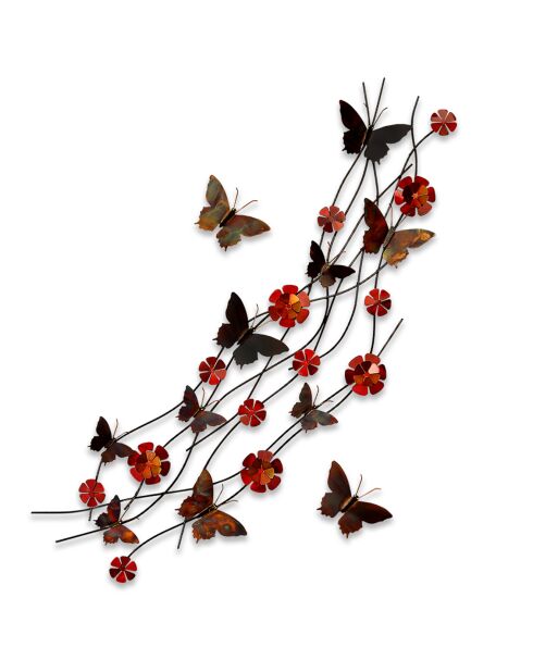 Sculpture murale Fleurs & papillons rouge - 48x132 cm