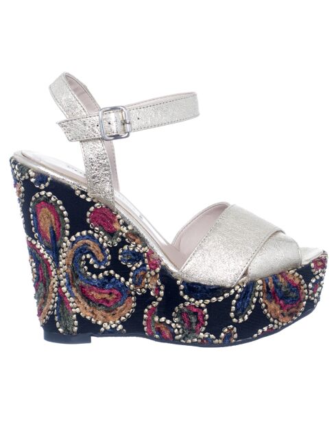 Compensées en Cuir Bertille argenté/multicolore - Talon 12.5 cm