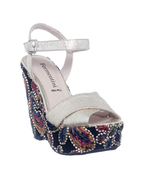 Compensées en Cuir Bertille argenté/multicolore - Talon 12.5 cm