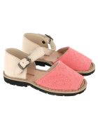 Korallenbestickte Canvas-Ledersandalen