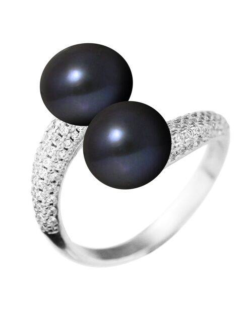 Bague Jonc Pavage Oxydes Argent & Perles d'Eau Douce noires
