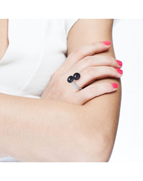 Bague Jonc Pavage Oxydes Argent & Perles d'Eau Douce noires