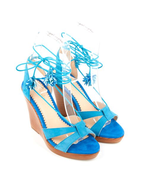 Sandales en Velours de Cuir compensées Lacts Cheville turquoise - Talon 11 cm