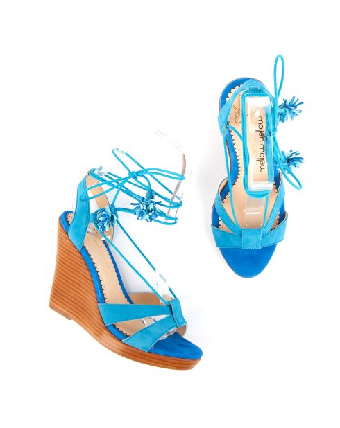 Sandales en Velours de Cuir compensées Lacts Cheville turquoise - Talon 11 cm