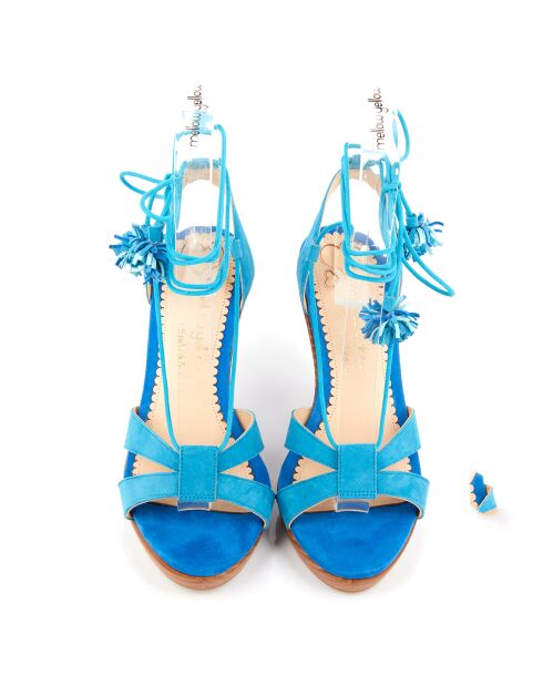 Sandales en Velours de Cuir compensées Lacts Cheville turquoise - Talon 11 cm