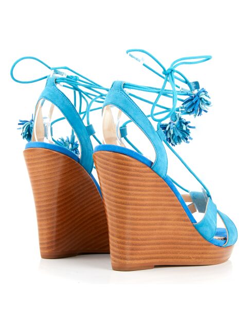 Sandales en Velours de Cuir compensées Lacts Cheville turquoise - Talon 11 cm