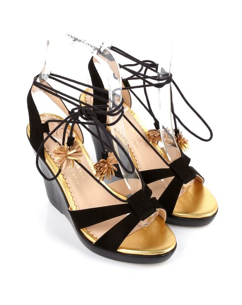 Sandales en Velours de Cuir compensées Lacts Cheville noires - Talon 11 cm