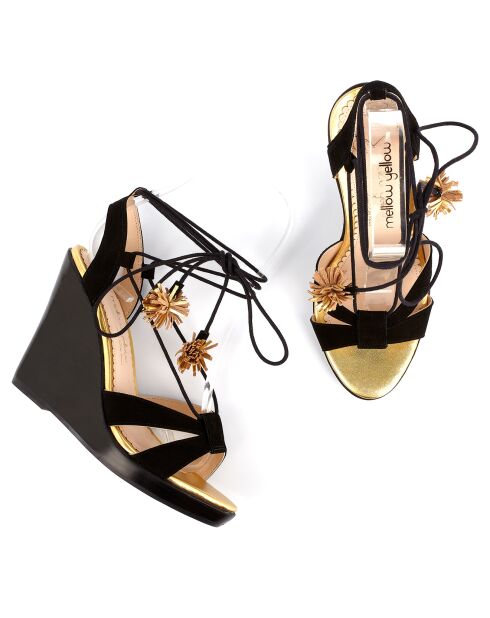 Sandales en Velours de Cuir compensées Lacts Cheville noires - Talon 11 cm