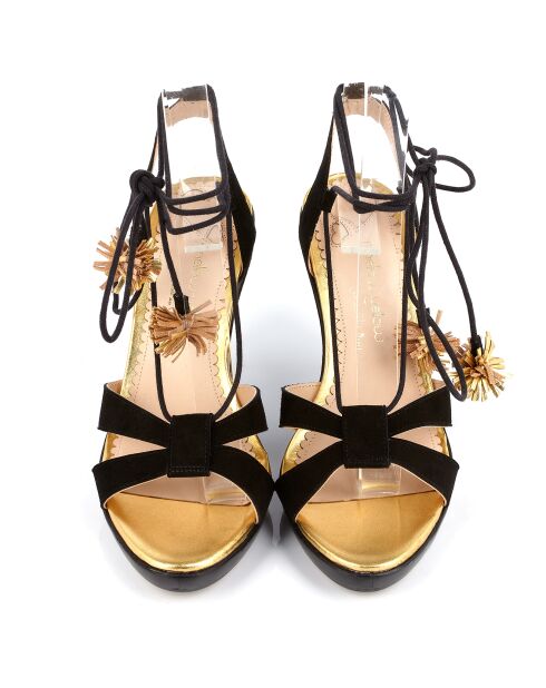 Sandales en Velours de Cuir compensées Lacts Cheville noires - Talon 11 cm